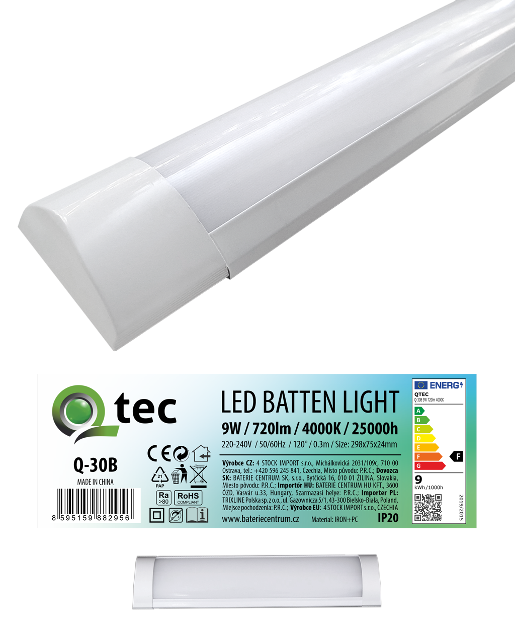 Q-30B 9W LED BATTEN LIGHT podlinkové světlo - bílé QTEC 30cm