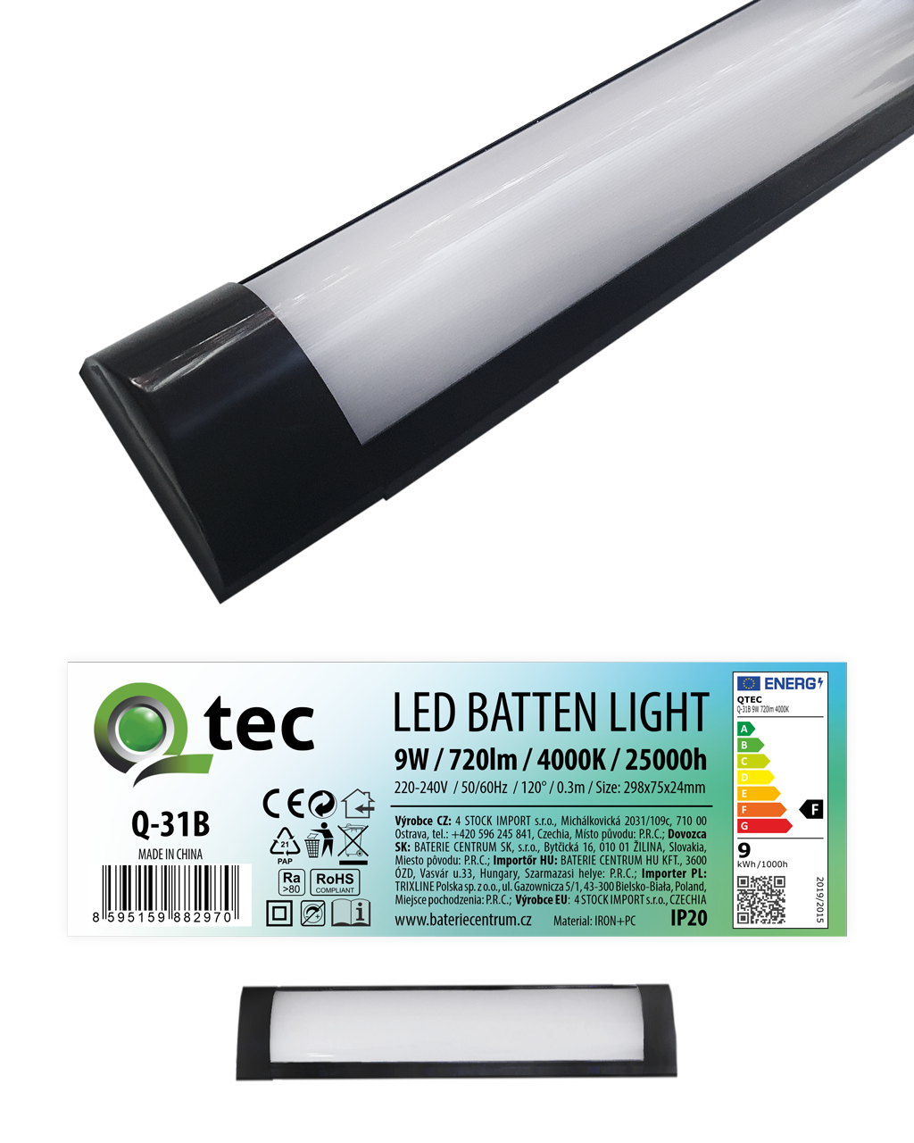 Q-31B 9W LED BATTEN LIGHT podlinkové světlo - černé QTEC 30cm