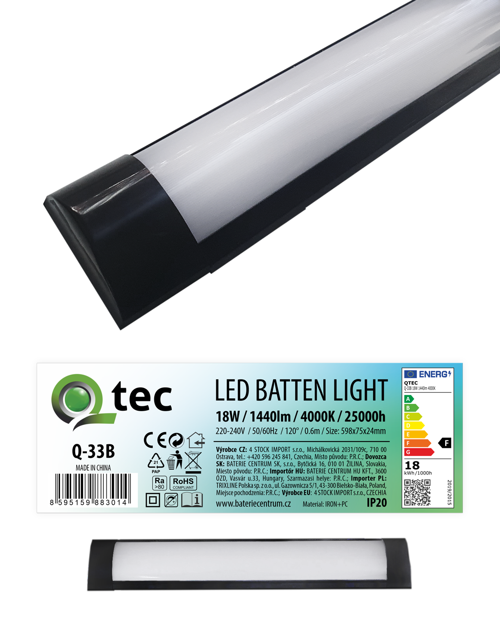 Q-33B 18W LED BATTEN LIGHT podlinkové světlo - černé QTEC 60cm