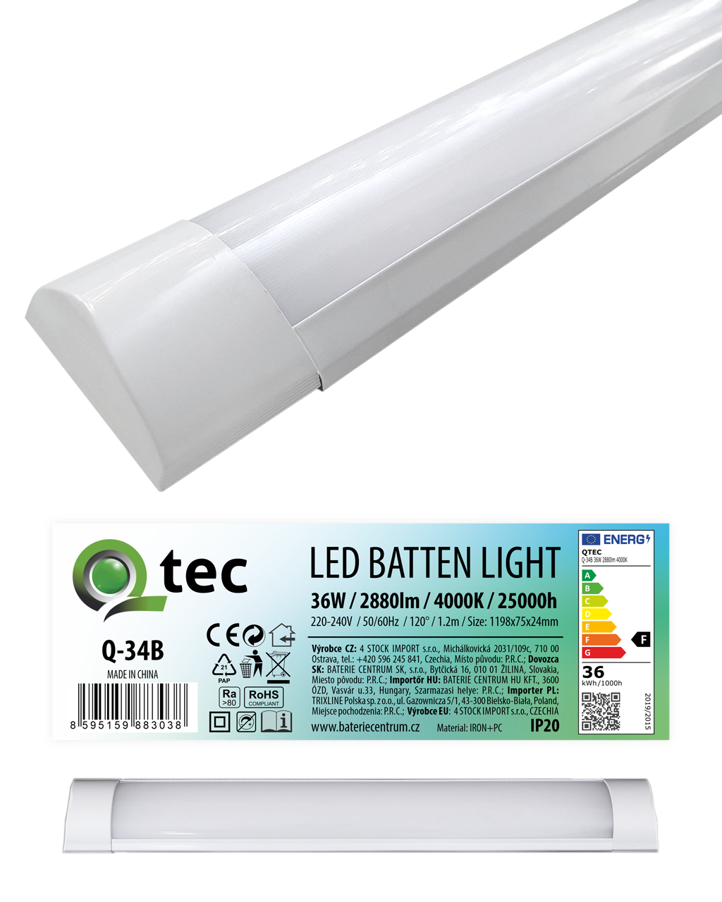 Q-34B 36W LED BATTEN LIGHT podlinkové světlo - bílé QTEC 120cm